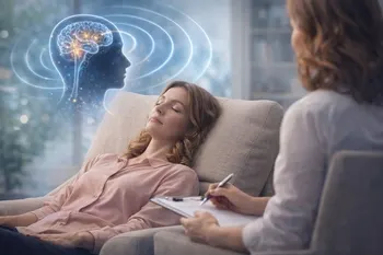 Femme sur un fauteuil lors d'une séance d'hypnose