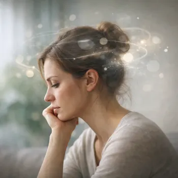 Femme en réflexion illustrant des pensées envahissantes, avec des effets lumineux autour de la tête symbolisant l’anxiété et les ruminations